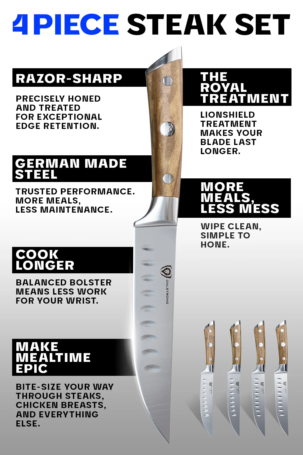 4-Piece Steak Knife Set 5" | Olive Wood Handle | Gladiator Series | Dalstrong © - Image 5
