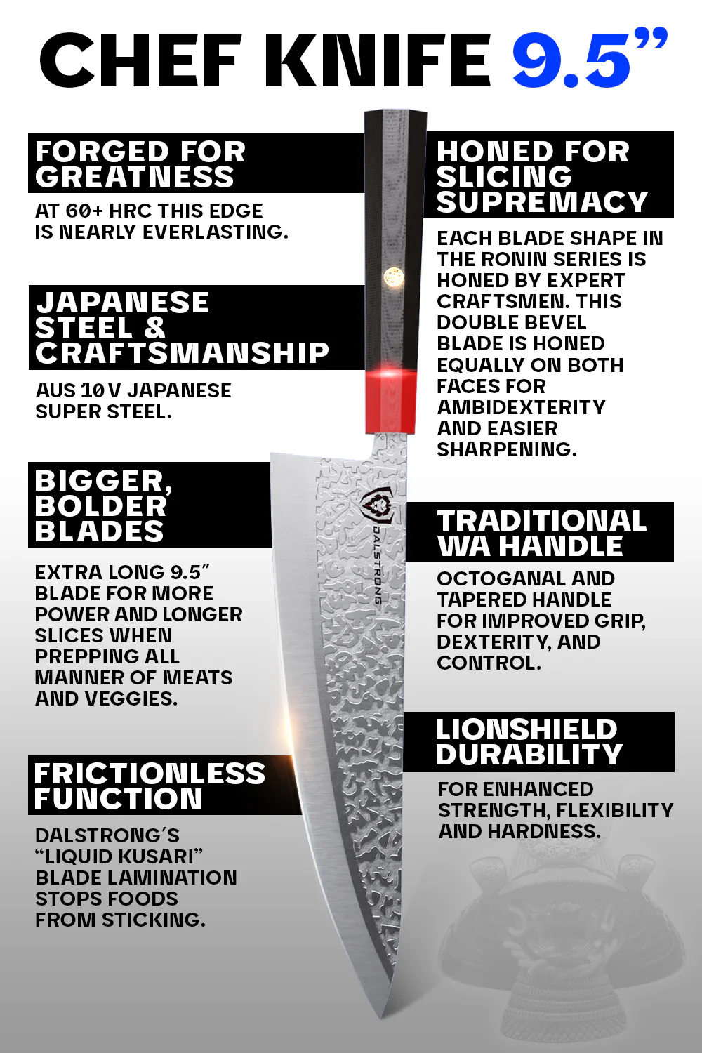 Chef Knife 9.5" | Double Bevel | Black Acacia Wood Sheath | Ronin Series | Dalstrong © - Image 5