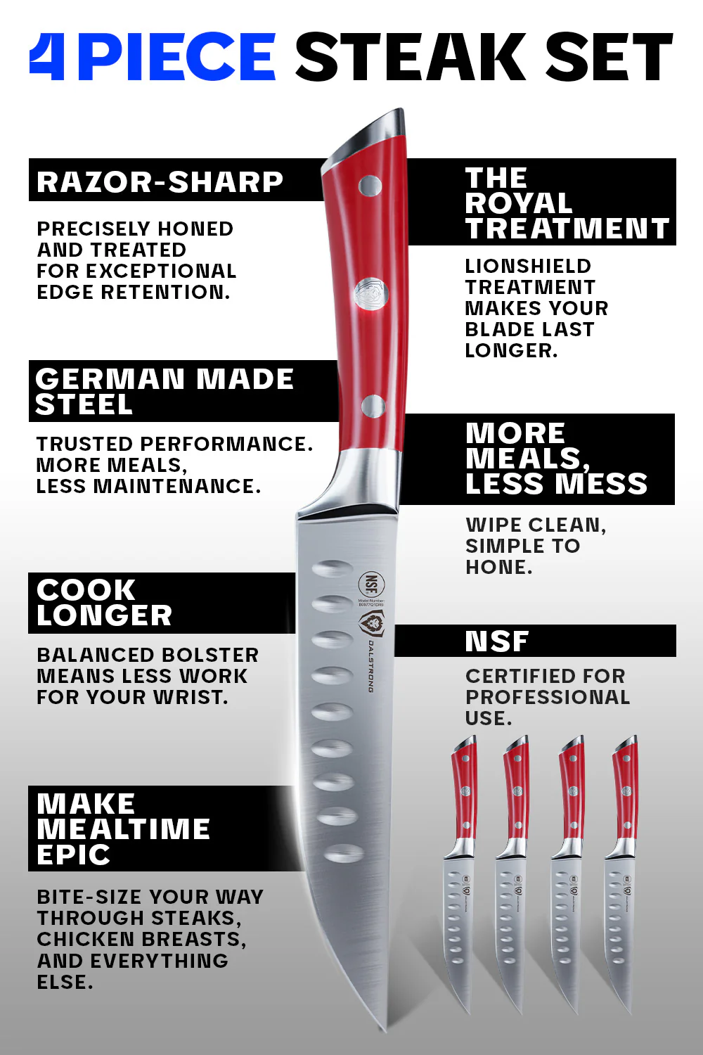 4-Piece Straight-Edge Steak Knife Set | Red ABS Handles | Gladiator Series | NSF Certified | Dalstrong © - Image 6
