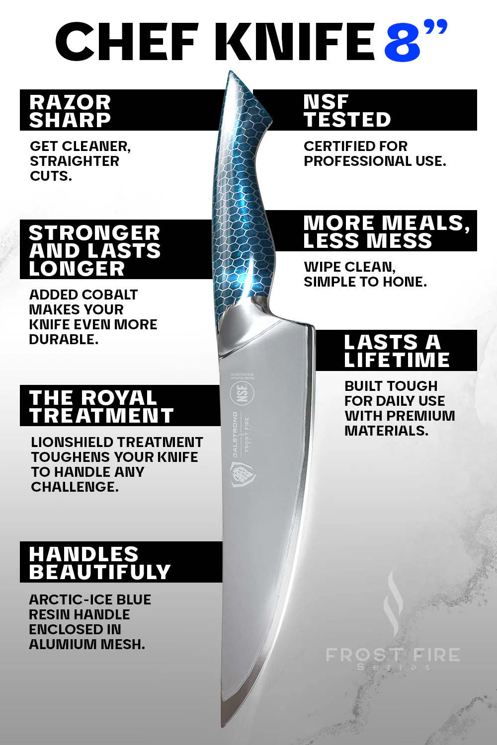 Chef's Knife 8" | Limited Edition | Blue Honeycomb Handle | Frost Fire Series Arctic Ocean Edition | NSF Certified | Dalstrong © - Image 6