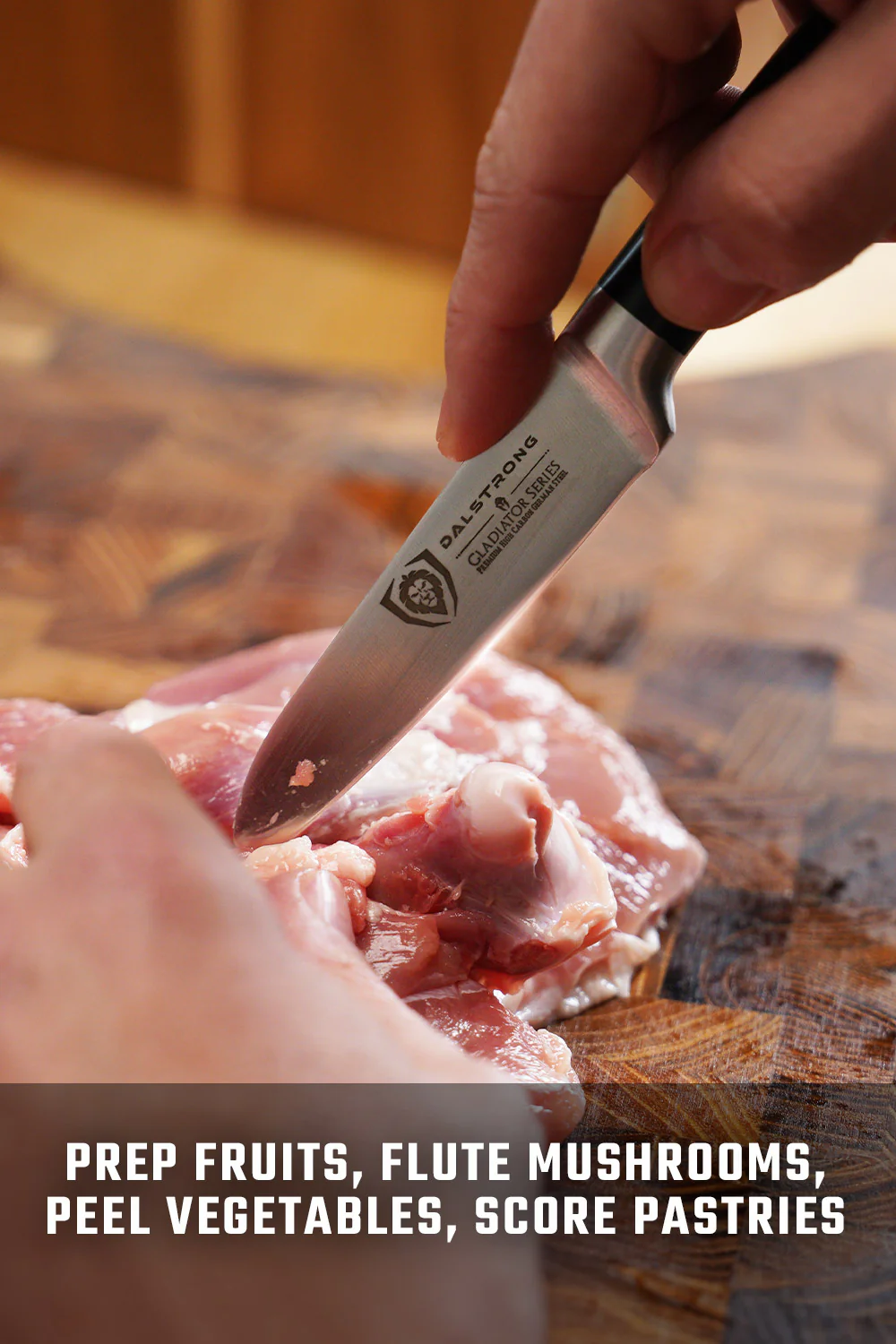 Gladiator Series Essentials | 8" Chef's Knife + 3.5" Paring Knife + 10" Serrated Bread Knife + Lionswood Teak Cutting Board - Image 11