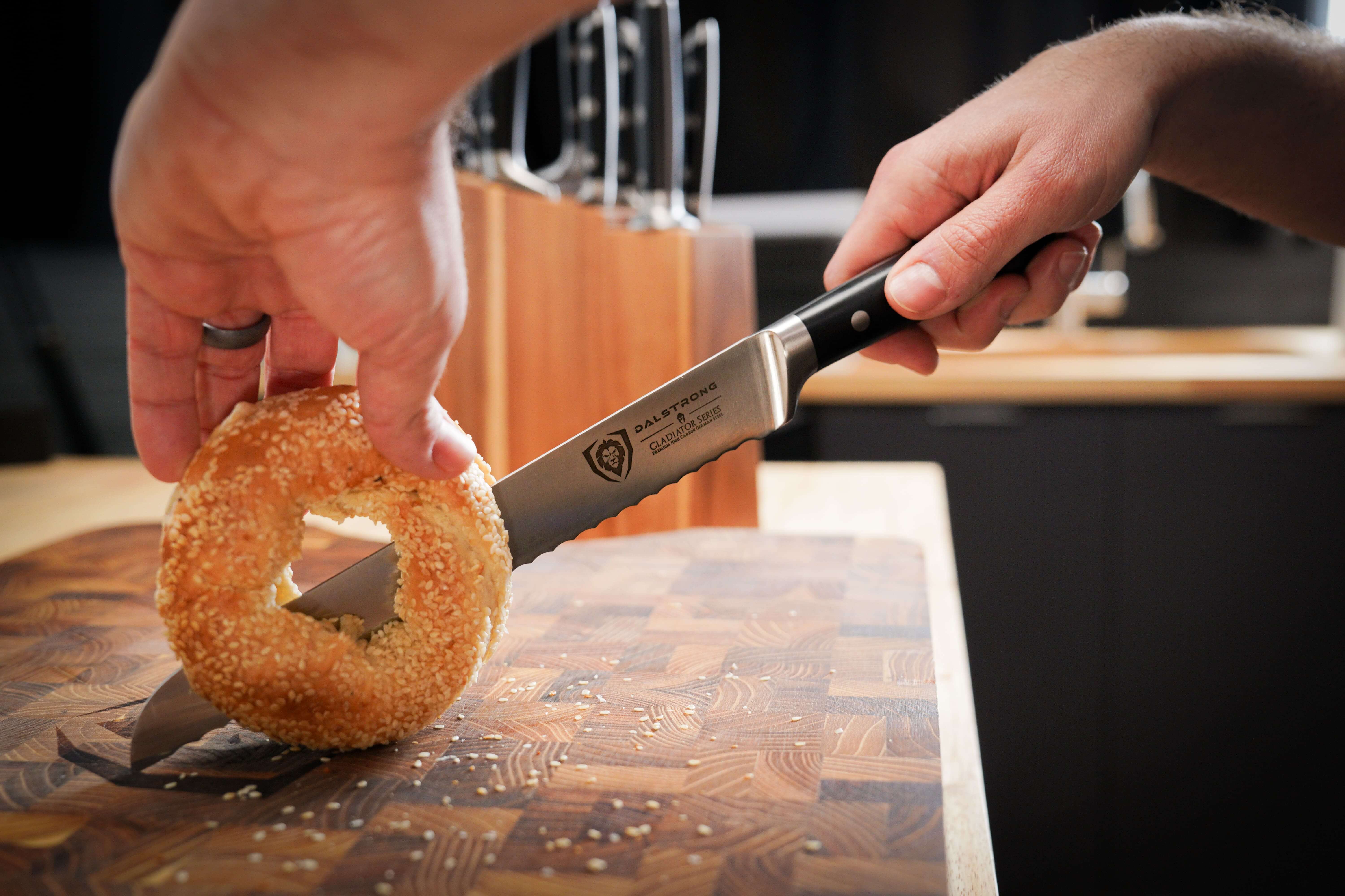 Gladiator Series Essentials | 8" Chef's Knife + 3.5" Paring Knife + 10" Serrated Bread Knife + Lionswood Teak Cutting Board - Image 14