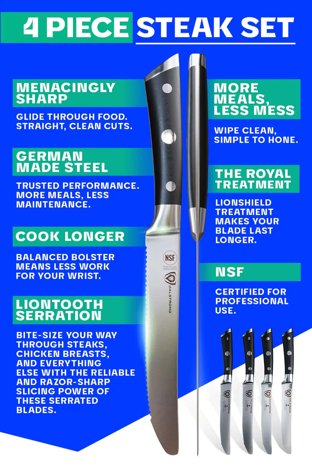 4-Piece Serrated Steak Knife Set | Gladiator Series | NSF Certified | Dalstrong © - Image 4