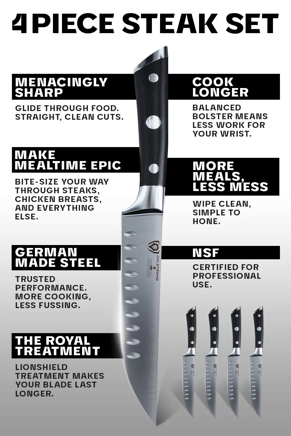 4-Piece Straight-Edge Steak Knife Set | Gladiator Series | NSF Certified | Dalstrong © - Image 6