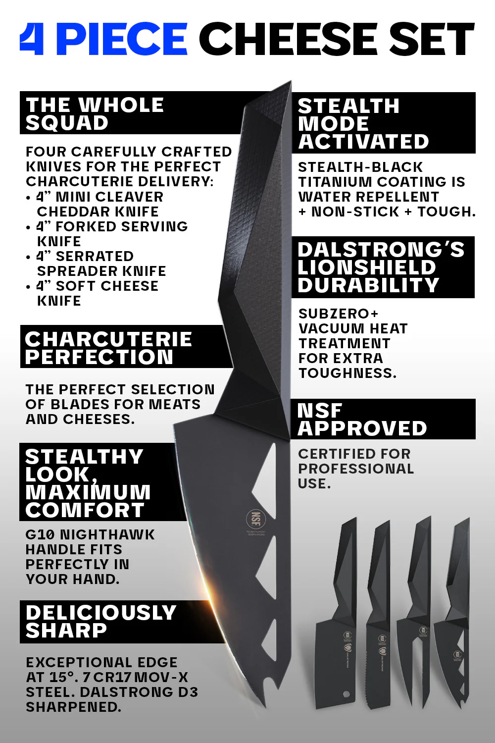 4-Piece Cheese Knife Set | Shadow Black Series | NSF Certified | Dalstrong © - Image 8