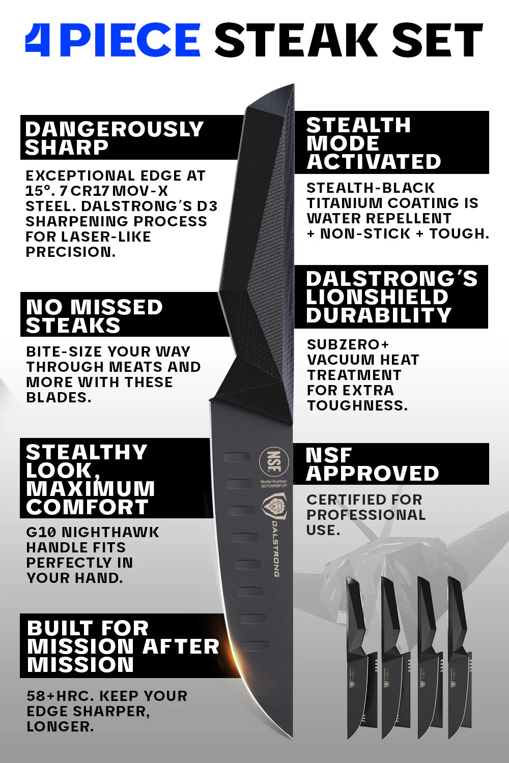 4-Piece Steak Knife Set | Shadow Black Series | NSF Certified | Dalstrong © - Image 6